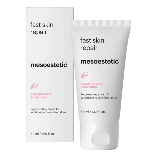 mesoestetic fast skin repair cream, 50 ml tube beside its box
