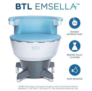 The BTL Emsella chair, with the treatment facts printed beside it