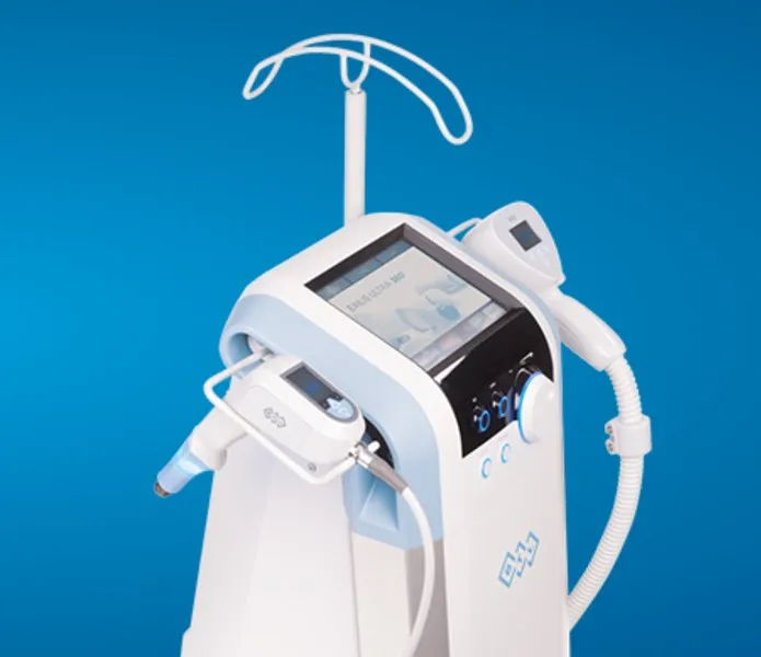 The Exilis Ultra 360 system, a compact unit with a screen and a handpiece on a stand