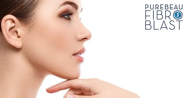 A woman in profile with smooth skin, beside the Purebeau Fibroblast name