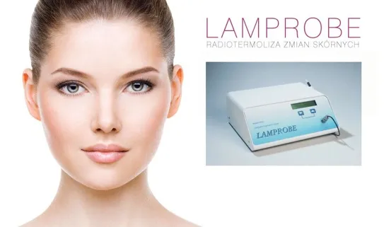 The Lamprobe unit beside a portrait of a woman with clear, even skin