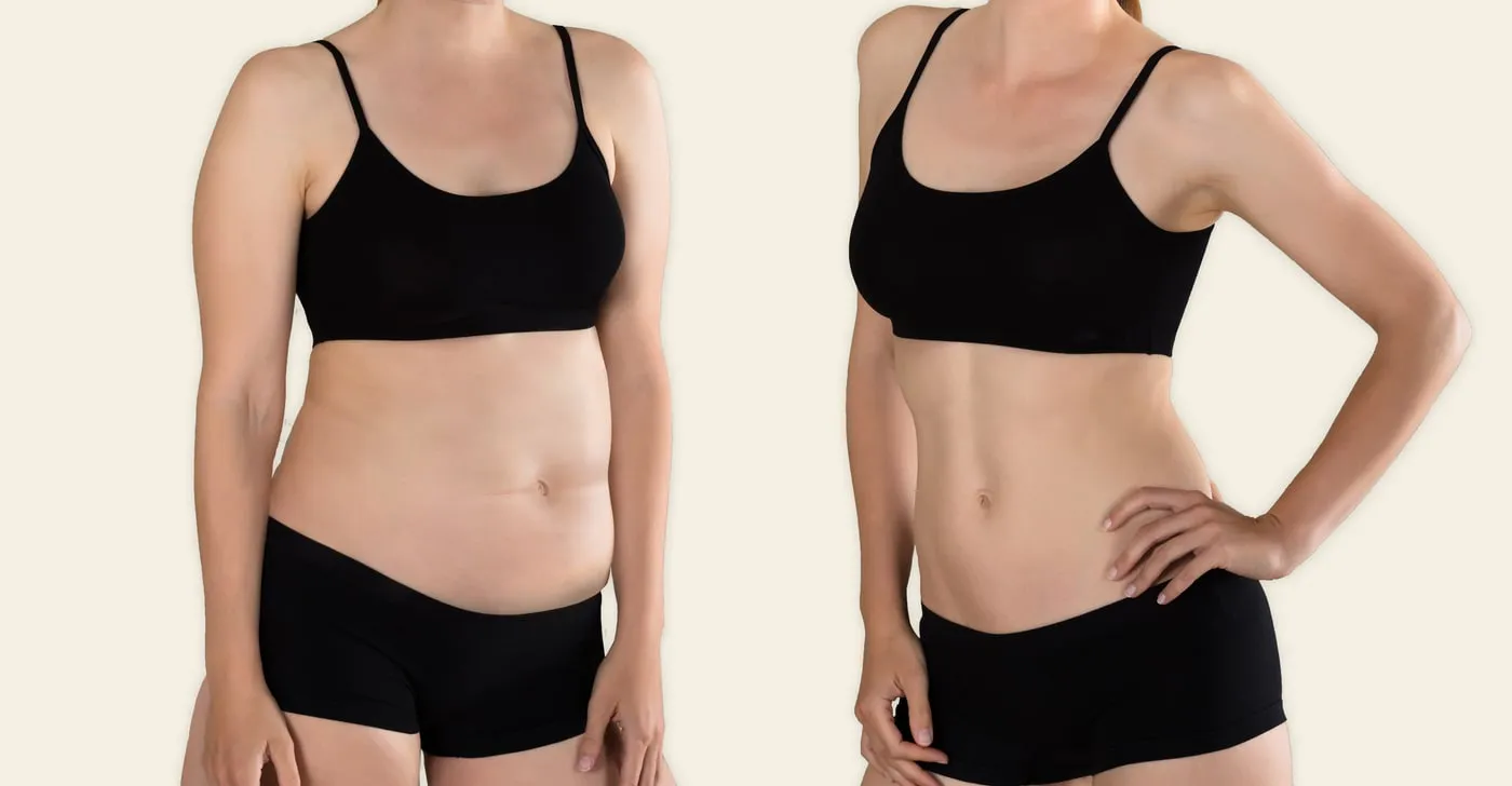 The same body photographed twice side by side, from the shoulders to the hips, showing a flatter stomach in the second