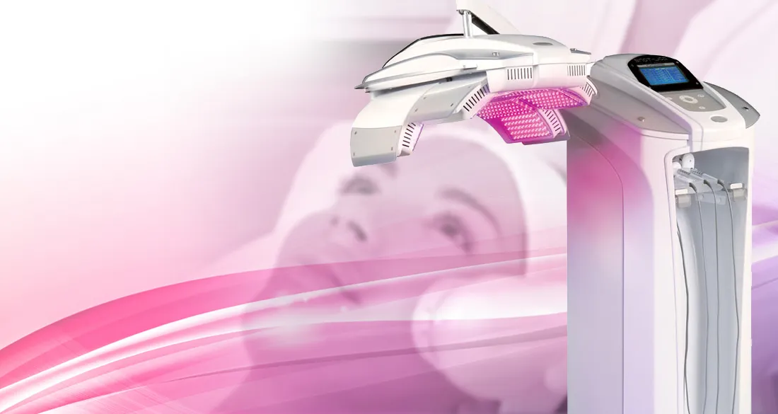 The Solitone 2500 LED canopy positioned over a client lying on a treatment bed