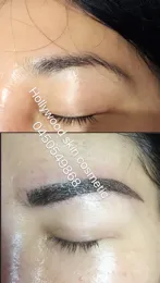 A brow photographed before cosmetic tattooing above and after below