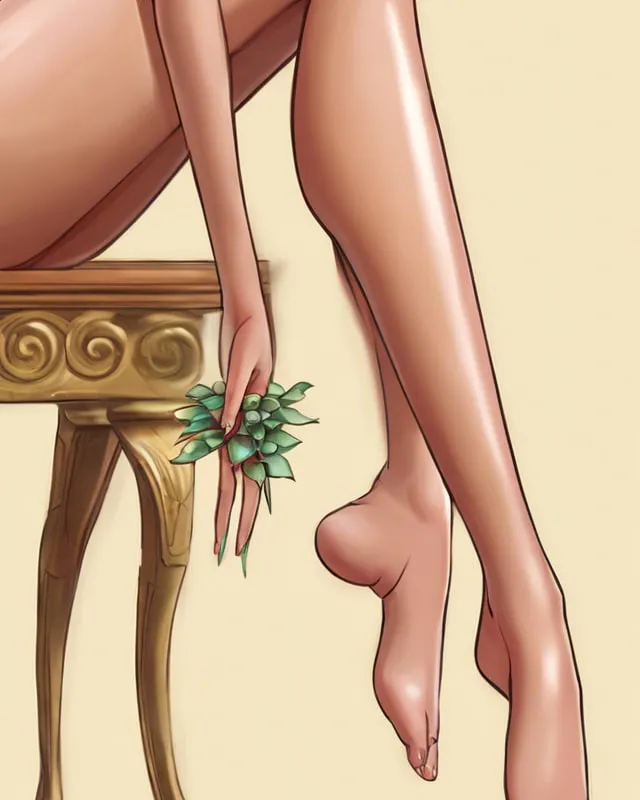 An illustration of a seated figure holding flowers, with smooth legs